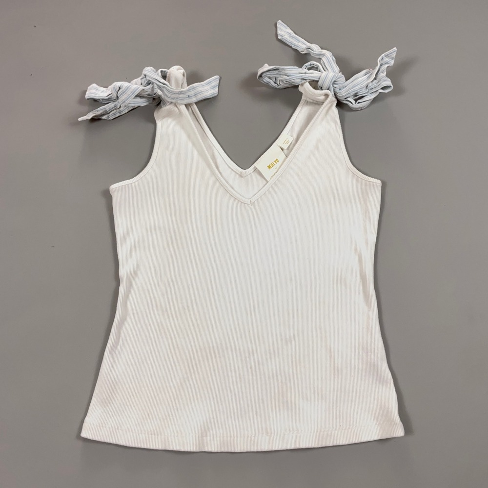 Maeve Anthropologie White Ribbed V-Neck Tie Shoulder Tank Top Small